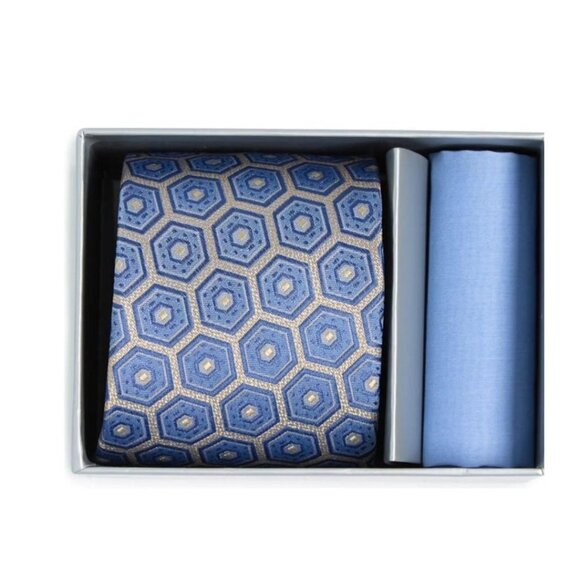 Hickey Freeman Mens Blue Yellow Silk Medallion Tie and Handkerchief Box Set New - Picture 6 of 8